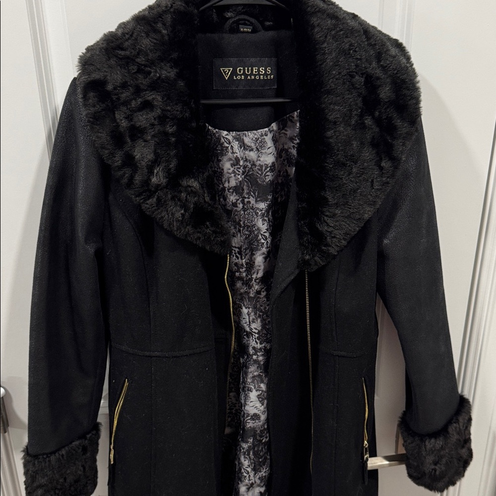 GUESS Black Teddy Jacket with Faux Fur Trim